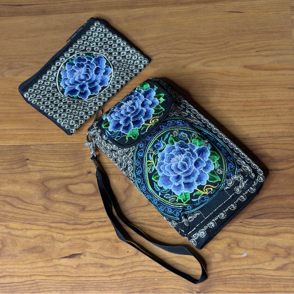 Floral Embroidered Black Blue Women Bag Set Floral Yoga‎ India Zip Purse Wallet